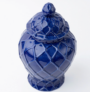 8 Oak Lane Brand Blue ceramic Large Ginger  jar with geometric pattern on a white background