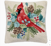 Peking Handicrafts Brand Decorative pillow with a red cardinal bird surrounded by foliage and berries on a white background
