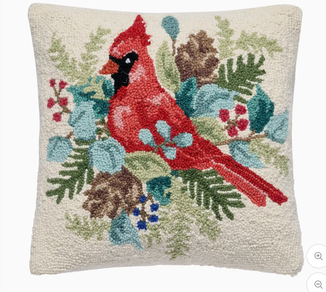 Peking Handicrafts Brand Decorative pillow with a red cardinal bird surrounded by foliage and berries on a white background