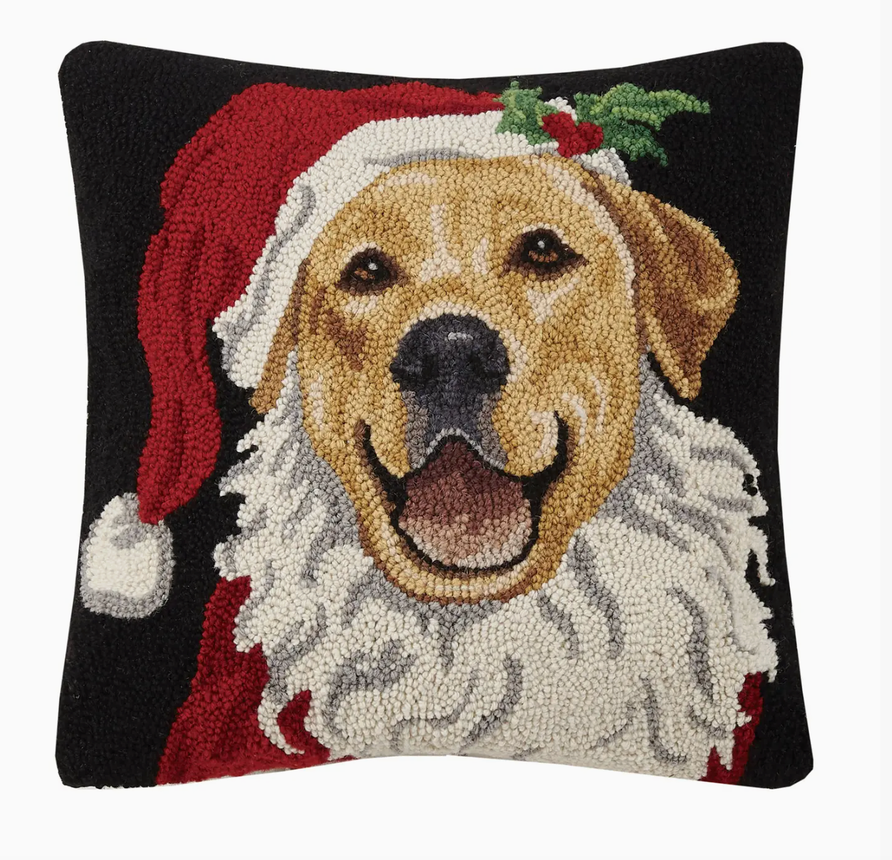 Peking Handicrafts brand decorative Christmas pillow with a Golden retriever dog wearing a Santa hat on a navy pillow on a white background