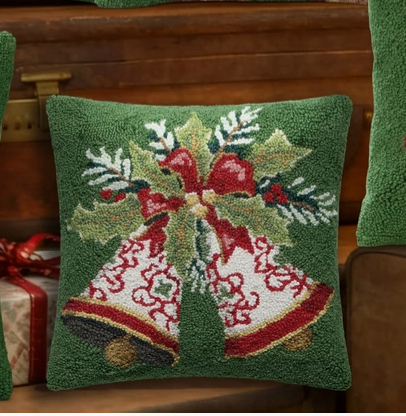 Holiday Hooked Pillow with Bells – Festive Christmas Jingle Bell Accent Pillow