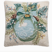 Peking Handicrafts Holiday Decorative pillow with a blue ornament and greenery design on a white background
