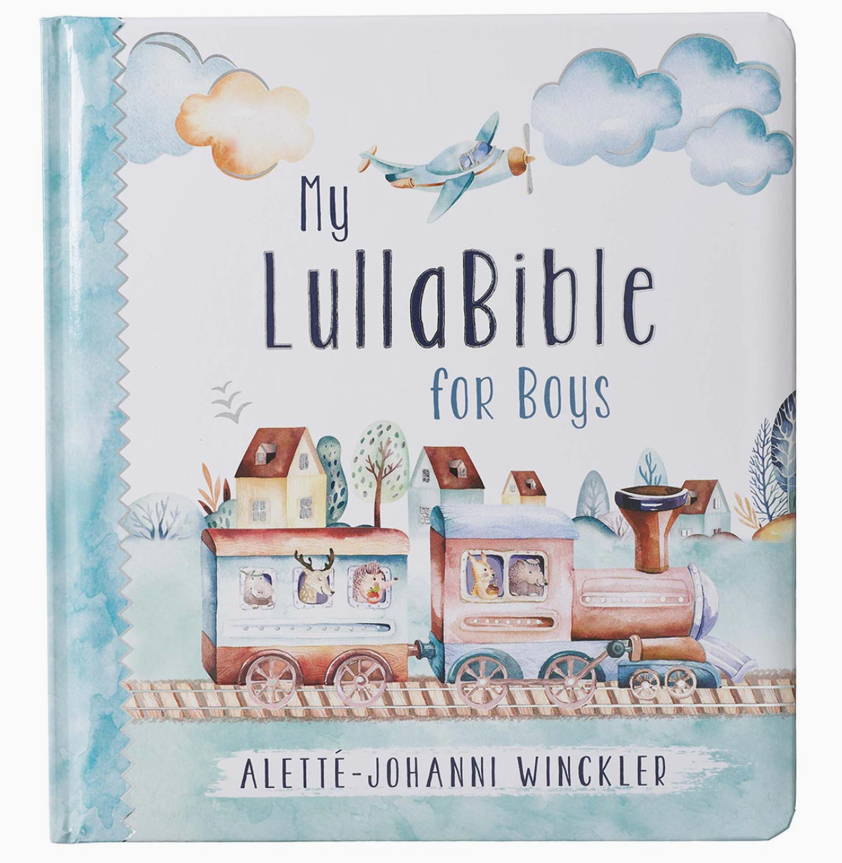 The Christian Arts Gift My Lulabible for Boys Book with a blue and white cover with train on it on a white background. Author is Alette-Johanni Winckler