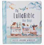 The Christian Arts Gift My Lulabible for Boys Book with a blue and white cover with train on it on a white background. Author is Alette-Johanni Winckler