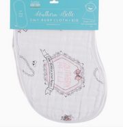 Little Hometown Southern Belle bib and burp cloth set laid flat showing full design of whit and pink 2-in-1 burp cloth and bib with decorative text and graphics, branded 'Little Hometown'.