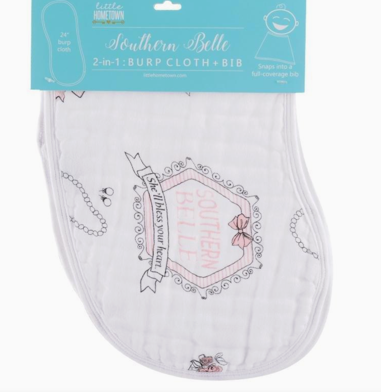 Little Hometown Southern Belle bib and burp cloth set laid flat showing full design of whit and pink 2-in-1 burp cloth and bib with decorative text and graphics, branded 'Little Hometown'.