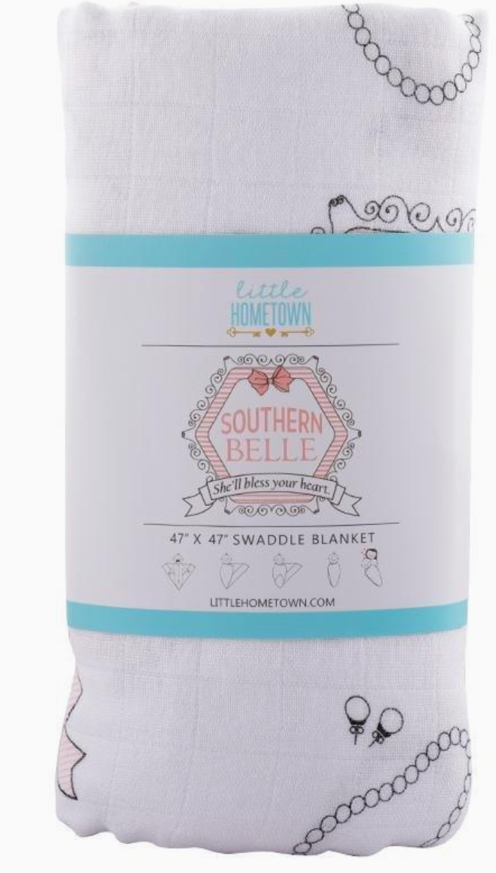 White  and print Southern Belle swaddle blanket with 'Little Home Town' branding and 'Southern Belle' design.