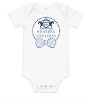 Little Hometown Brand White and blue baby onesie with 'Southern Gentleman' and a printed bow tie design on a white background