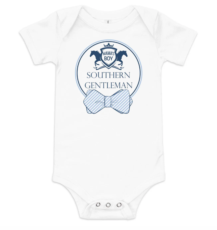Little Hometown Brand White and blue baby onesie with 'Southern Gentleman' and a printed bow tie design on a white background