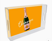 Decorative Acrylic tray with champagne bottle and 'Champagne please' text on an orange colored tray. background is white