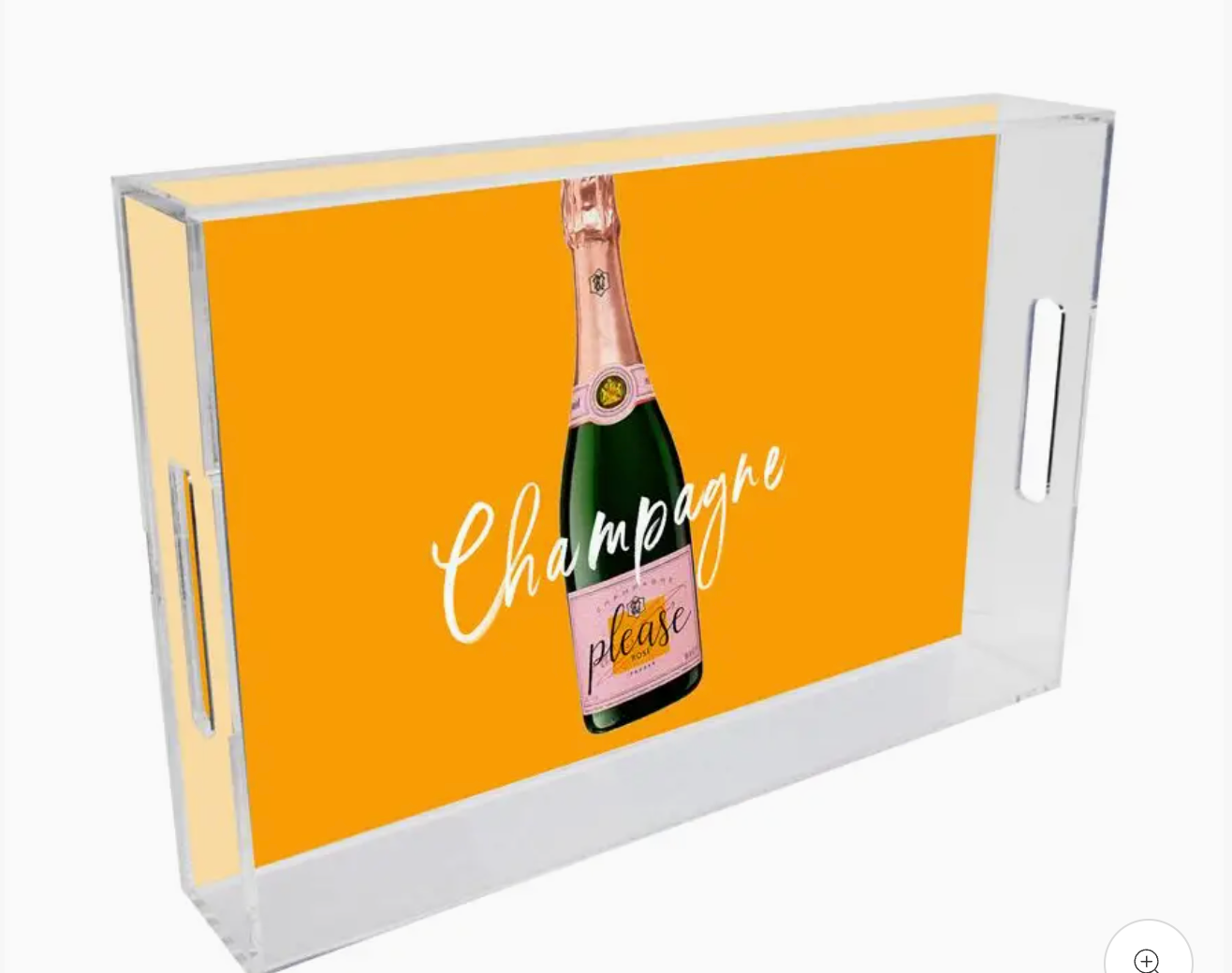 Decorative Acrylic tray with champagne bottle and 'Champagne please' text on an orange colored tray. background is white