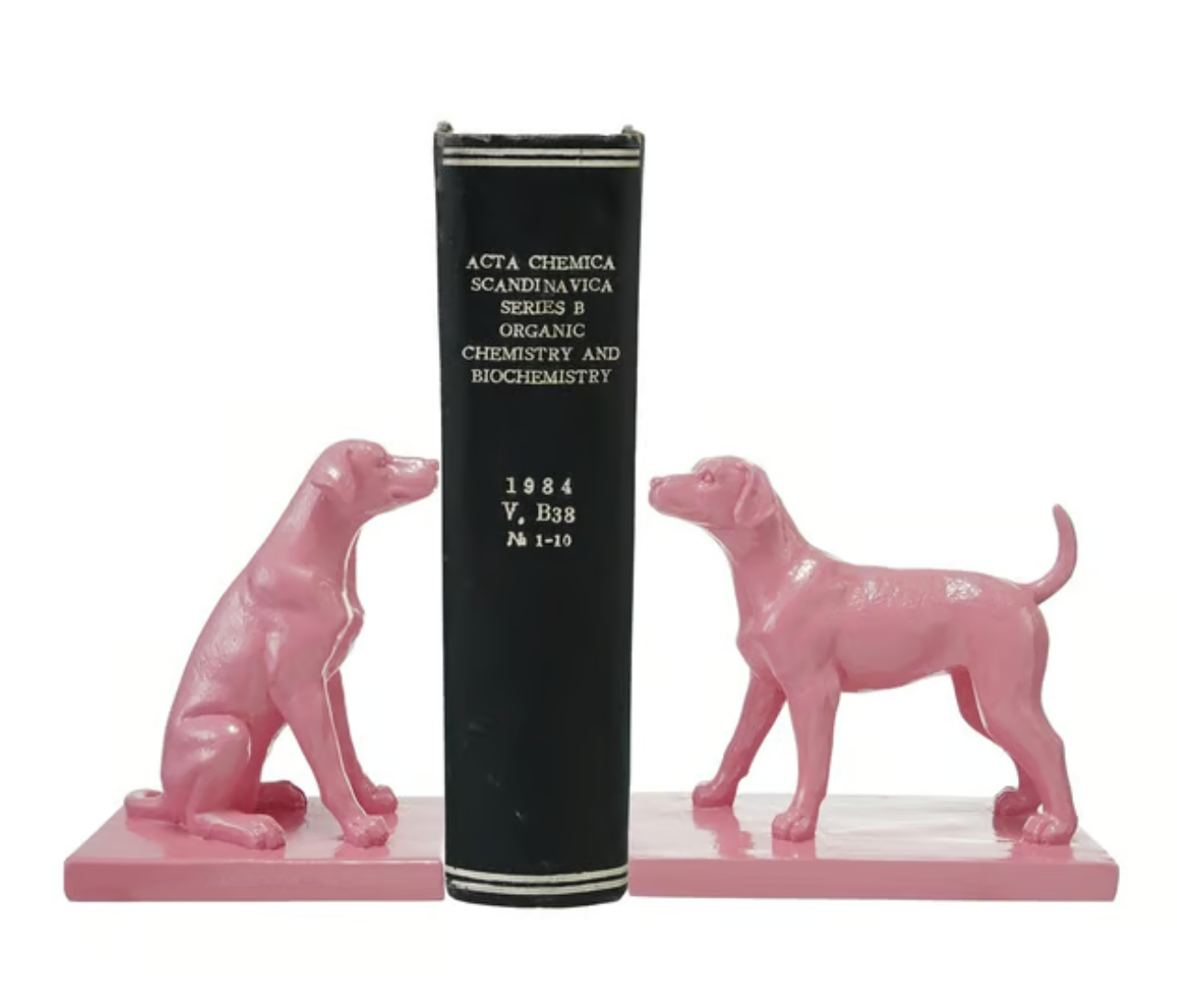 "Hazel Mazel pink resin dog bookends set — two glossy pink dog figurines, one seated and one standing, on a white background"

