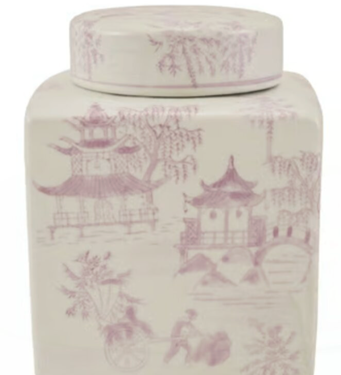 Hazel Mazel brand lidded rectangle ginger jar with lavender and white chinoiserie design on white background.