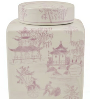 Hazel Mazel brand lidded rectangle ginger jar with lavender and white chinoiserie design on white background.