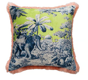 Hazel Mazel chartreuse and navy elephant toile throw pillow with peach fringe on white background