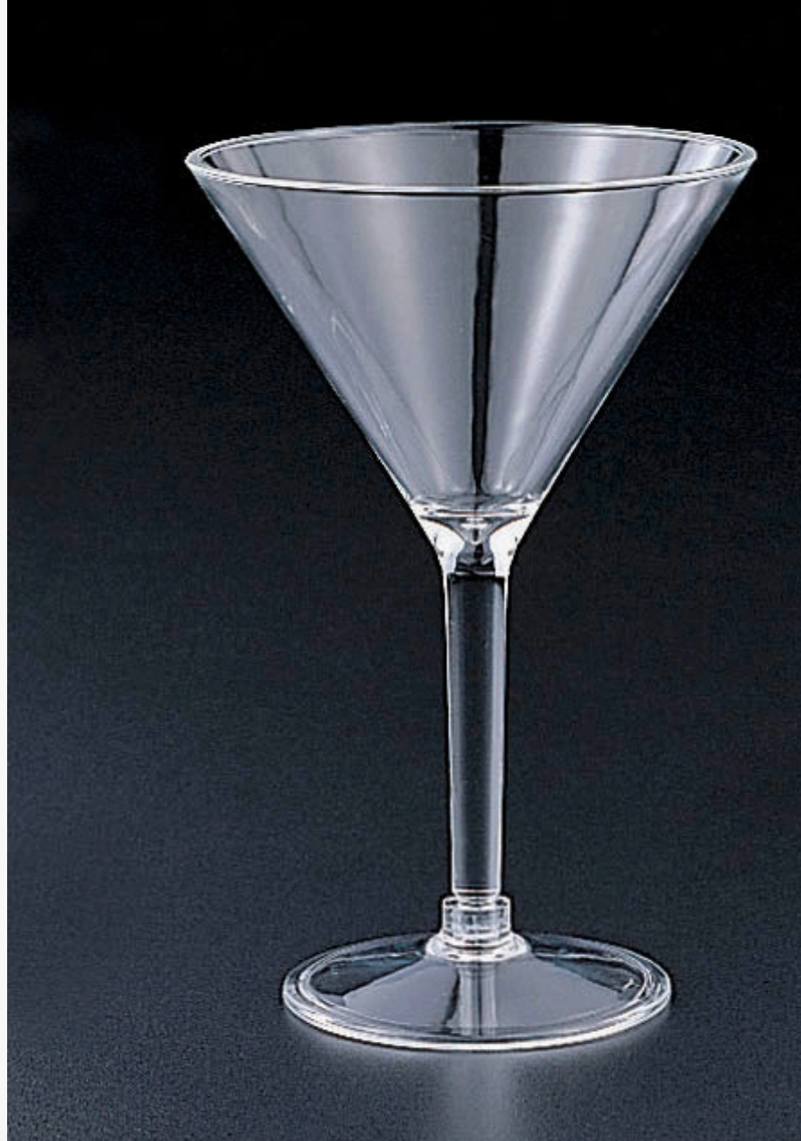 Huang Acrylic 8 oz. acrylic martini glass with a conical bowl, a long stem, and a flat circular base, photographed against a dark gradient background.