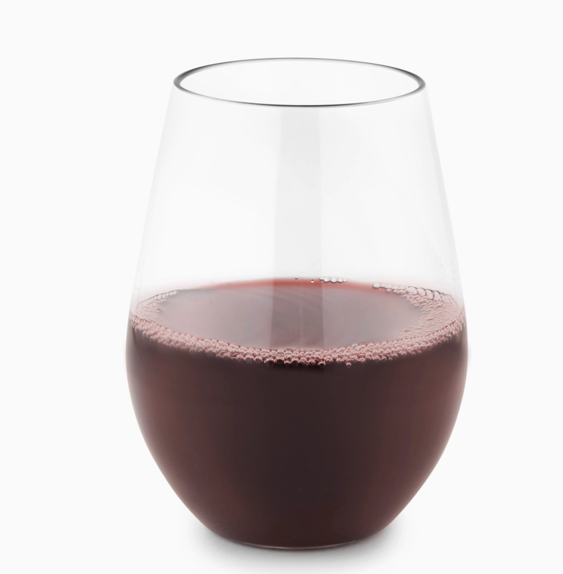 A clear stemless Huang Acrylic Brand stemless wine glass filled with red wine, centered on a clean white background.