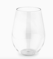 A clear stemless Huang Acrylic Brand stemless acrylic wine glass with a rounded bowl and a thin rim, shown on a plain white background.