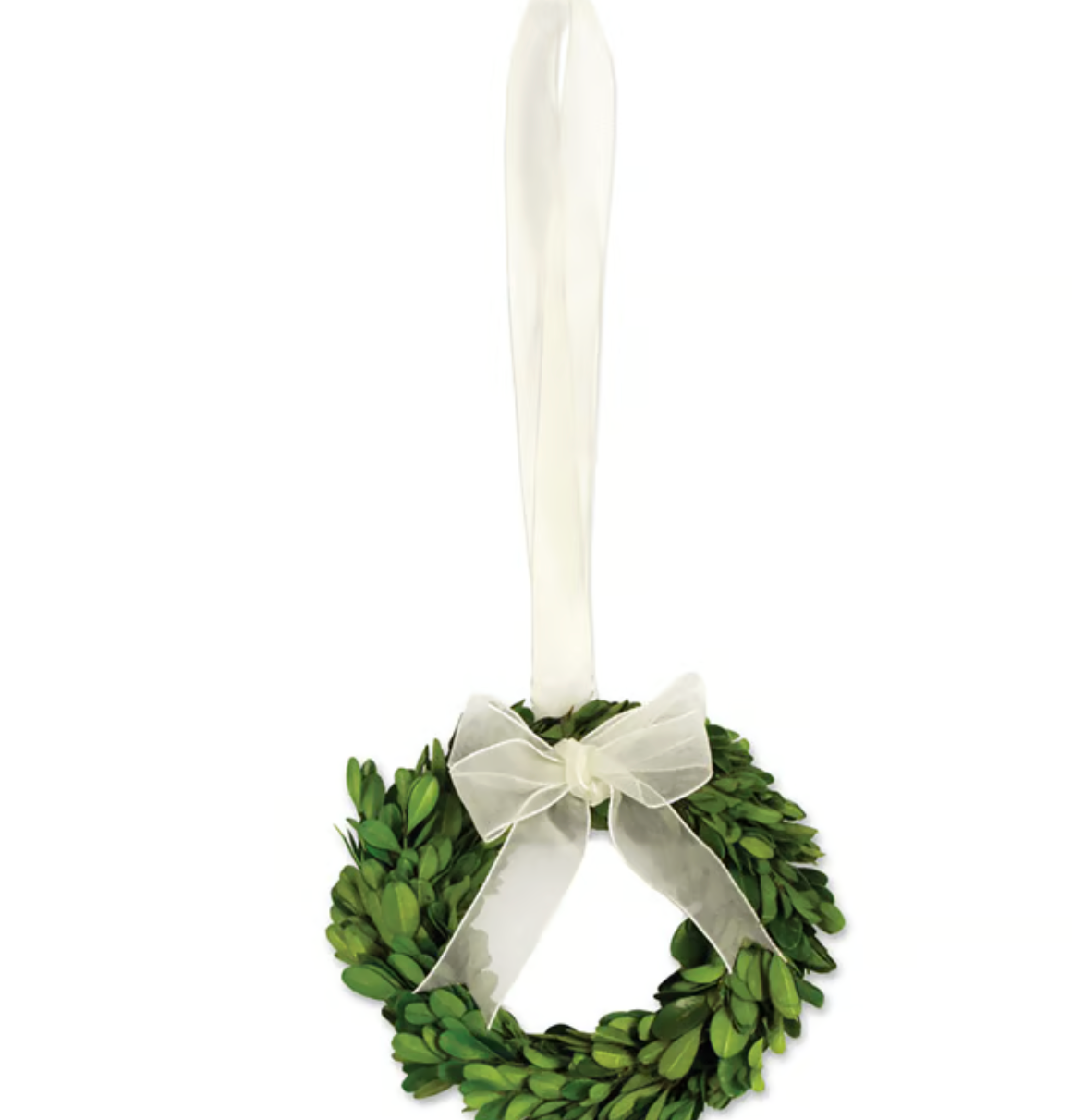 Napa Home and Garden Brand Small round Boxwood wreath with bow and long ribbon on white background