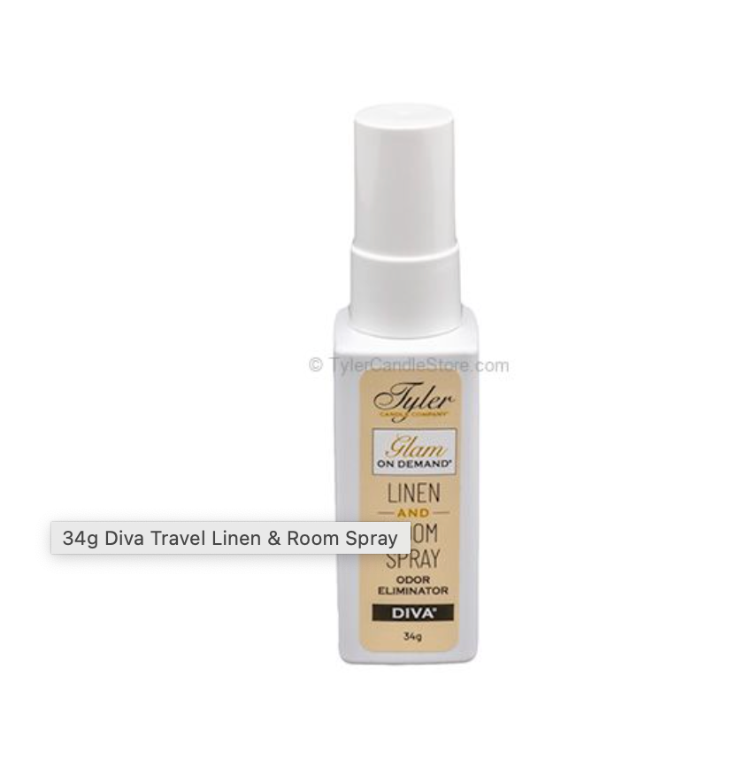 A white spray bottle of Tyler Diva Glam On Demand Linen and Odor Spray, shown against a plain white background with a text overlay indicating the weight and product type.