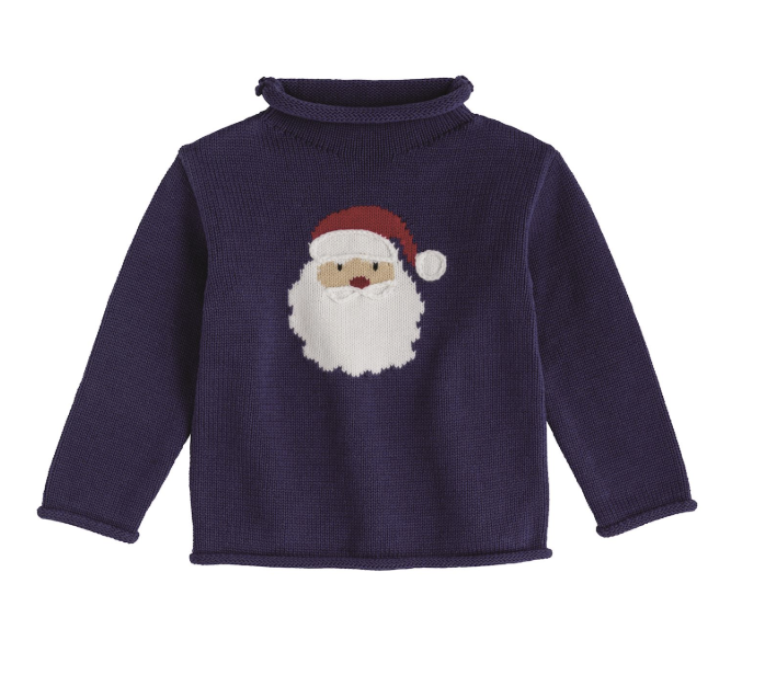 A navy cotton knit baby sweater featuring Santa Claus face on the chest, with a red hat, white beard, and beige skin tone, shown against a plain white background.