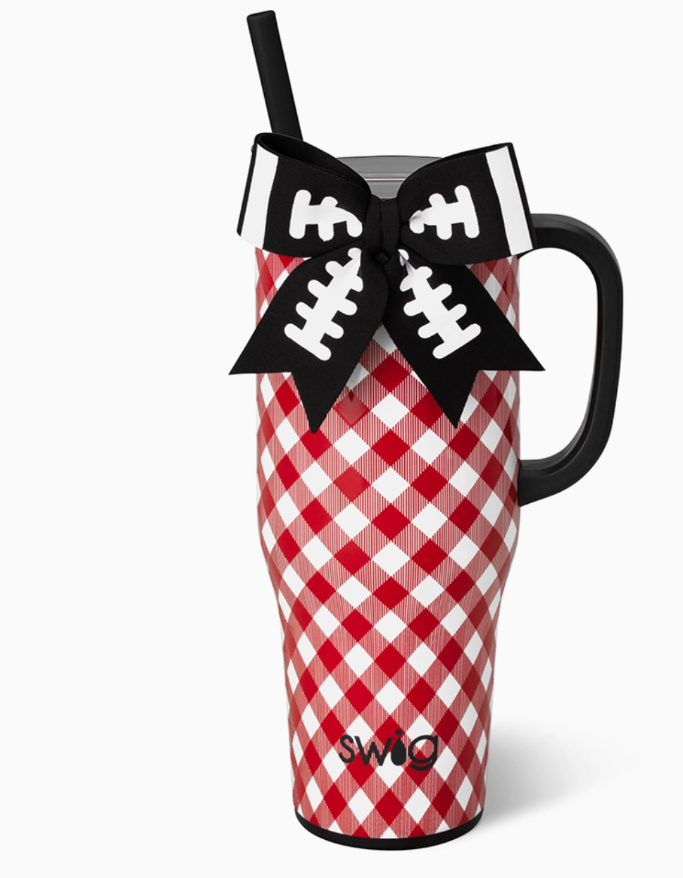 Red and white Swig life brand gingham check 30 oz stainless tumbler with black handle and straw. Black bow with white football desin on white background