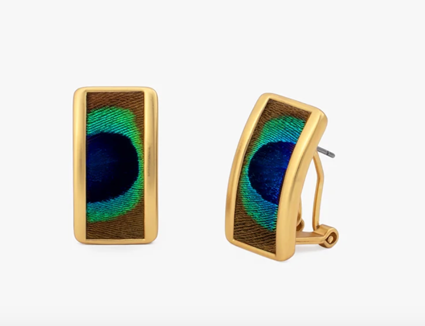 Brackish brand Olivia peacock feather stud earrings with mirrored peacock eyes and 18kt matte gold plating