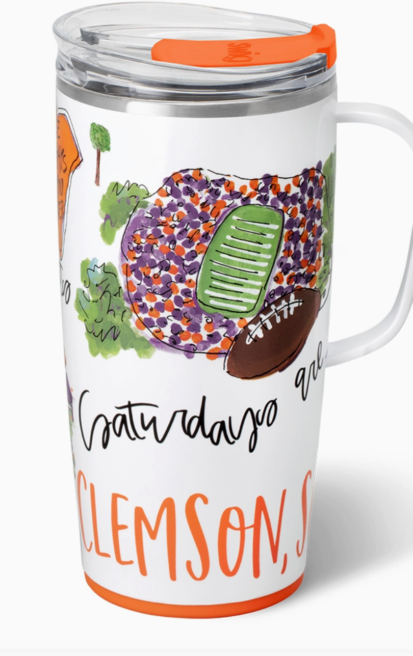 Clemson 22 oz travel mug with gameday design