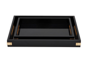 A black rectangular tray with a glossy finish and gold-tone metal corner accents, shown open on a plain white background.