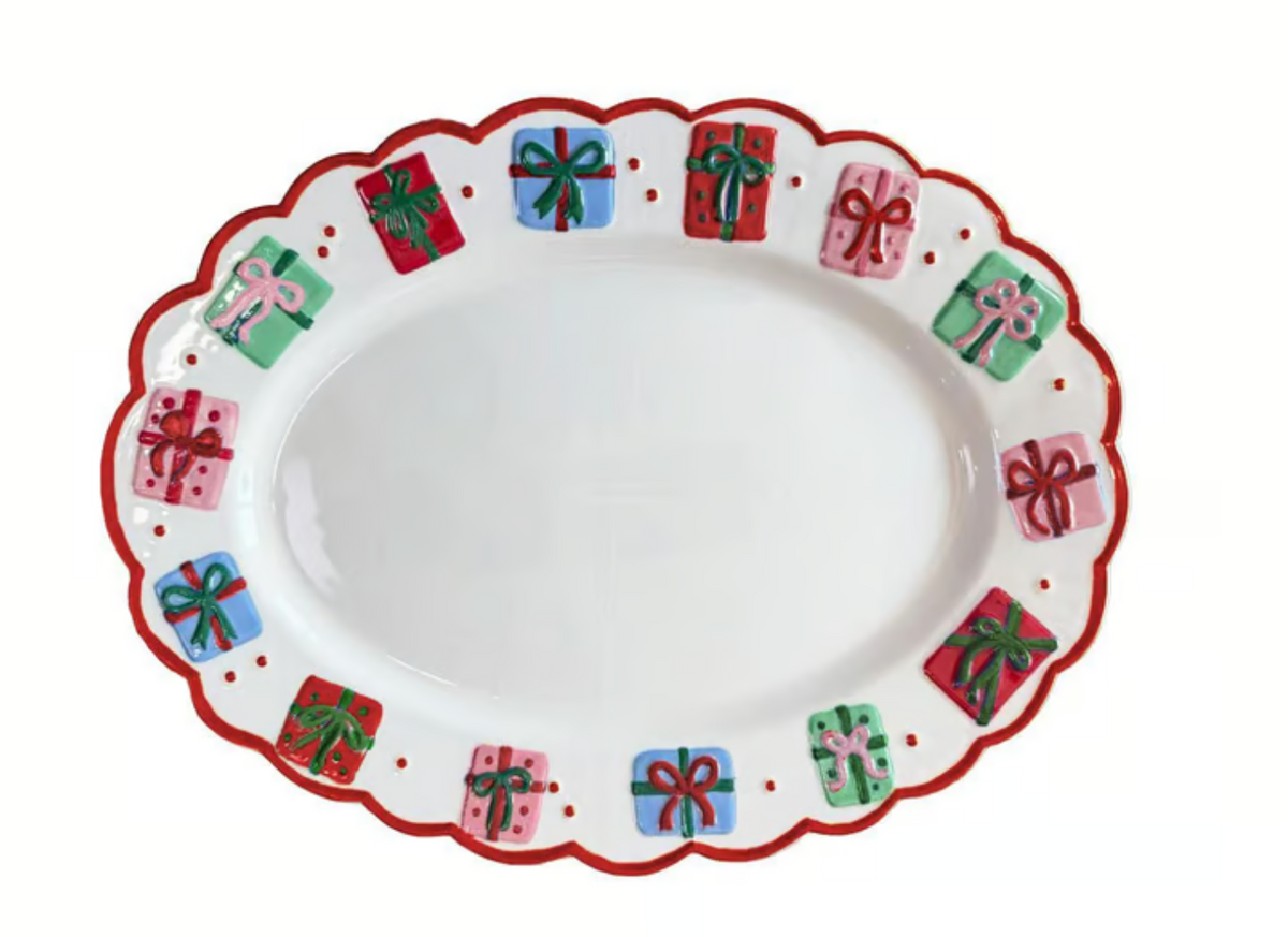 White Mary Square brand white oval Christmas Platter with handpainted colorful gifts around scalloped edge