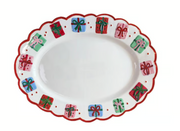 White Mary Square brand white oval Christmas Platter with handpainted colorful gifts around scalloped edge