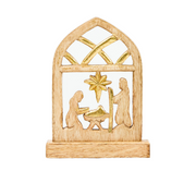 A small arched wooden nativity scene plaque with a gold star and gold accents, shown on a plain white background.