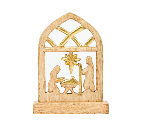 A small arched wooden nativity scene plaque with a gold star and gold accents, shown on a plain white background.
