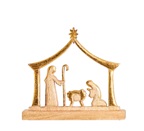 Wood nativity with Joseph Mary and Jesus on white background
