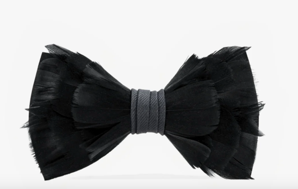 Brackish Brand black Goose Feather Bow Tie with black fabric wrap on white ackground