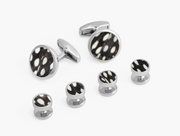 Set of Cuff Links and 4 shirt studs made from black and white feathers on silver nounts on white background