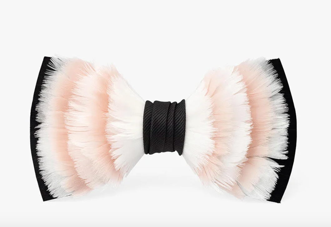 Pink white and black feather bow tie on white background