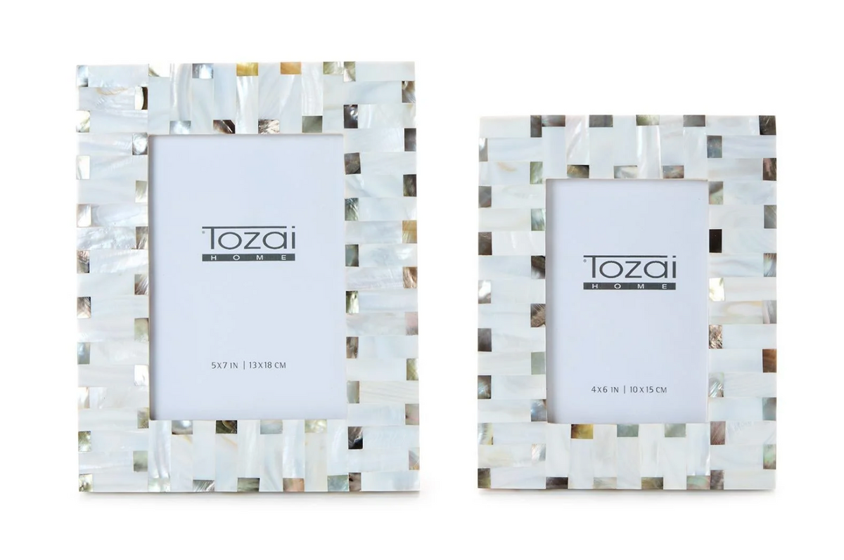 2 sizes Mother of Pearl photo frame with square brown and silver accents on white background