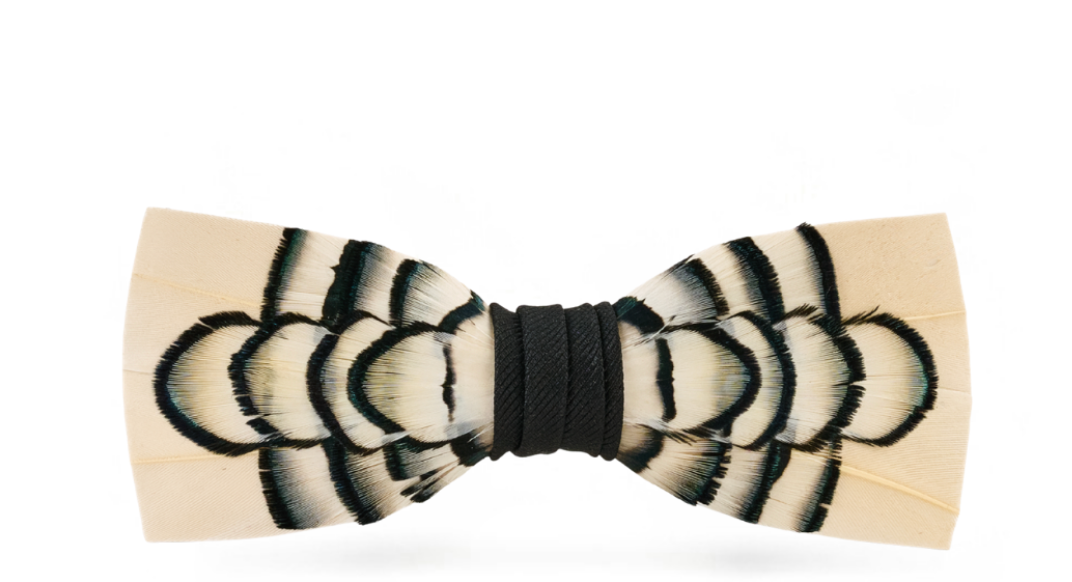 Brackish goose and pheasant feather bow tie with cream feathers, curved black markings, and a black center wrap.