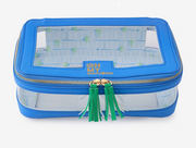Closed bag: “Blue Mahjong tile storage bag with clear panels, green tassel zipper pulls, and a gold-tone zipper