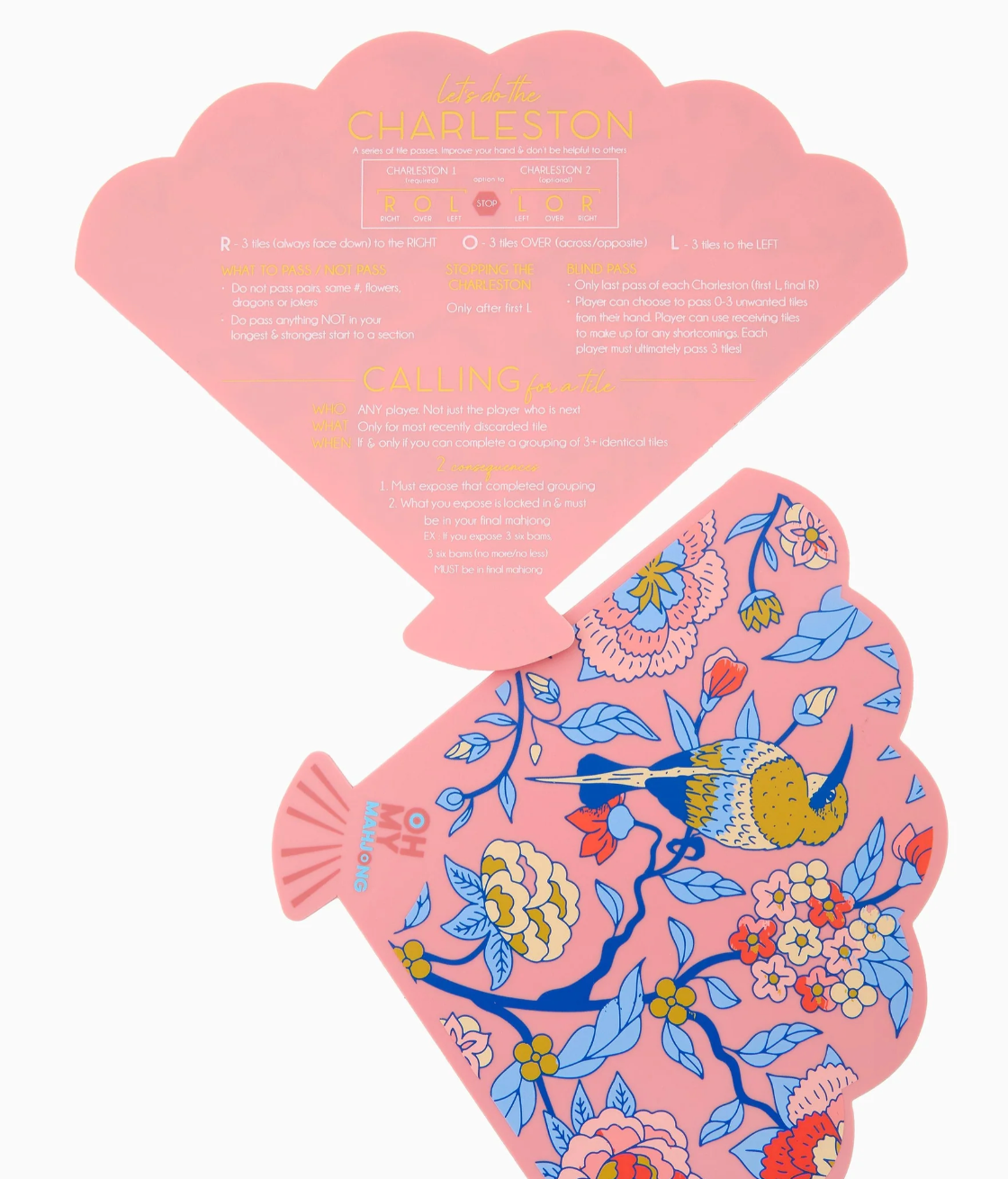 Pink fan-shaped Mahjong shufflers showing bird-and-floral artwork and printed Charleston game reminders on the reverse.