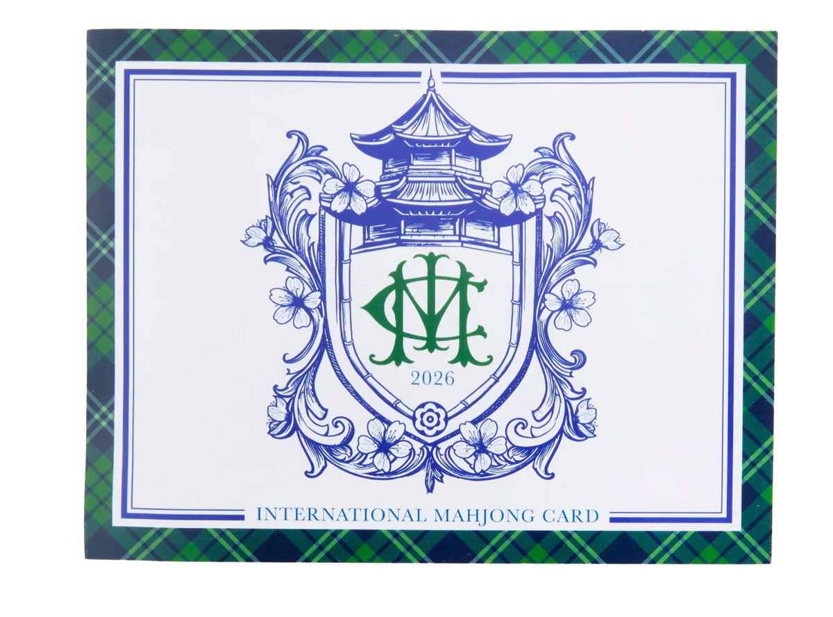 “2026 International Mahjong Card with a green and navy plaid border, blue pagoda floral crest, and green monogram.”