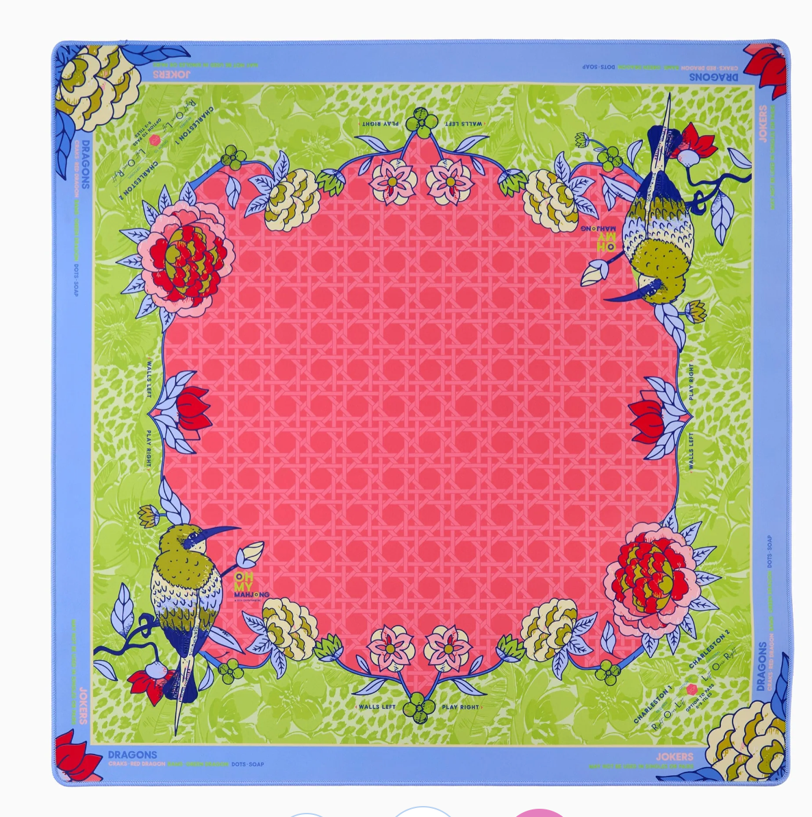 Oh My Mahjong Larkspur neoprene Mahjong mat with a coral center, green floral and sparrow artwork, blue border, and printed play reminders.