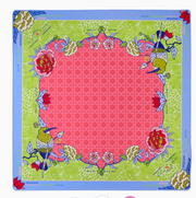Oh My Mahjong Larkspur neoprene Mahjong mat with a coral center, green floral and sparrow artwork, blue border, and printed play reminders.