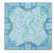 Oh My Mahjong Isla mat with green peacocks, leafy vines, blue geometric borders, and printed game reminders