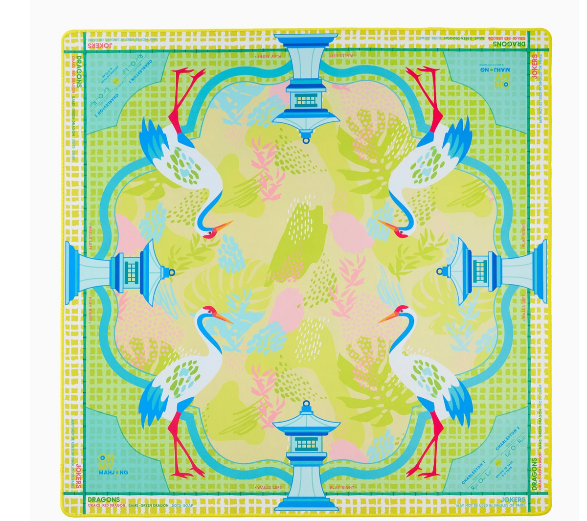 Oh My Mahjong Hampton mat with blue-and-white cranes, lanterns, and leafy patterns in yellow, green, and blue.
