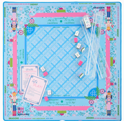 Oh My Mahjong Sugarplum blue-and-pink nutcracker mat with clear racks, scattered tiles, and pink reference cards