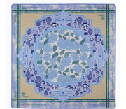 Oh My Mahjong Luna mat with blue hydrangeas, a blue-and-white ginger jar border, green bamboo lines, and printed play reminders.