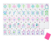 Oh My Mahjong Amara tile designs with pastel dots, bamboo, numbered floral pagodas, elephant Jokers, and a pink tile back.