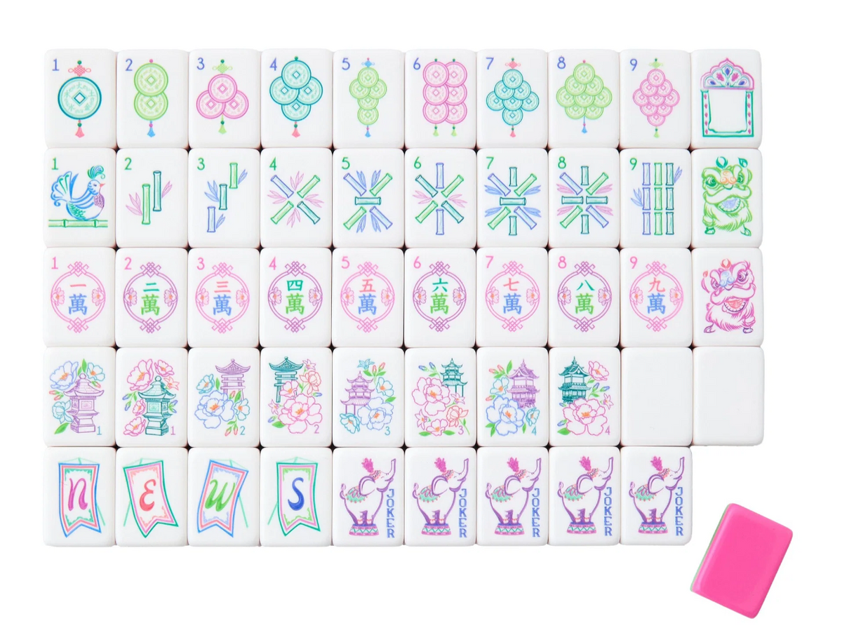 Oh My Mahjong Amara tile designs with pastel dots, bamboo, numbered floral pagodas, elephant Jokers, and a pink tile back.